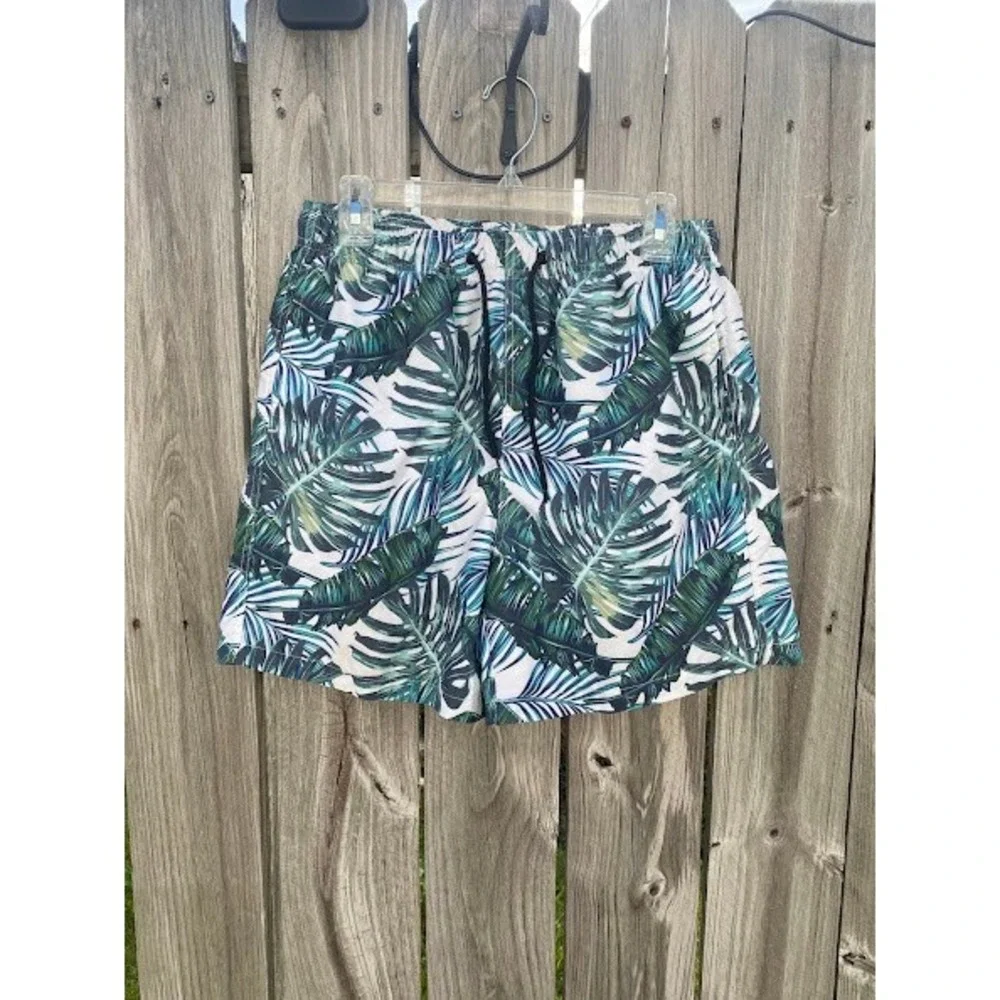 Shein Mens Tropical Palm Monstera Leaf Print Swim Trunks Green White Large‎